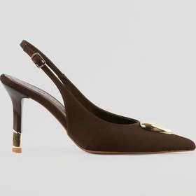 Resim Kadın Saten Stiletto Sivri Burun Gold Detaylı Arkası Açık Topuklu Ayakkabı Veluna Kahverengi Kahverengi 