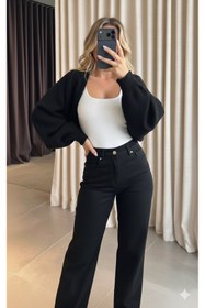 Resim MaxiMor Kadın Siyah Renk Triko Örgü Reglan Kol Bolero Hırka Standart SMLXL Uyumlu 4 Mevsim 