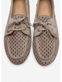 Resim Luvishoes Stevo Bej Süet Hakiki Deri Delikli Bağcıklı Kadın Loafer Ayakkabı 