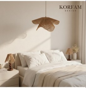 Resim Breeze Modeli Koyu Kahverengi Avize & Abajur Set - Hasır El Yapımı Bohem Avize 2'li Ahşap Ayaklı Rustik Abajur Set Çok Renkli 