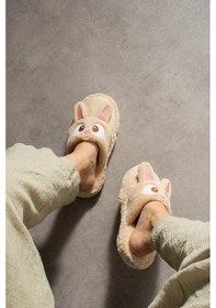 Resim My Tavşan Nakışlı Kadın Ev Terliği Peluş Terlik Çeyiz Ve Bohça Terliği Ses Yapmaz Kalın Taban Camel 