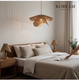 Resim Breeze Modeli Kahverengi Avize & Abajur Set - Hasır El Yapımı Bohem Avize 2'li Ahşap Ayaklı Rustik Abajur Set Çok Renkli 