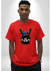 Resim Müzik Şapka Gözlük Takan Tavşan Pamuklu Bisiklet Yaka Unisex Oversize Boyfriend Dijital Baskılı Kırmızı T-shirt Kırmızı 