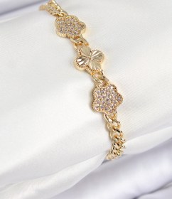 Resim BURCU MODA Pirinç Zirkon Taşlı Yonca Model Gold Renk Kadın Bileklik 