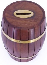 Resim Pirinç - Ahşap Fıçı Kumbara Ofis Masa Dekoru Tip Box Büyük Boy 