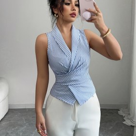 Resim Kadınlar için Kolsuz V-Yaka Bağcıklı Bel Fiyonklu Şık Gömlek 