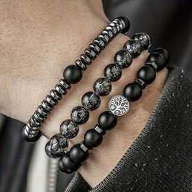 Resim Vintage Siyah Mat Beaded Bilezik Seti, Hayat Ağacı Siyah Aksine Bilezik dahil, Tatil Partileri için Kardeşler veya Babalar için Mükemmel Bir Hediye. 