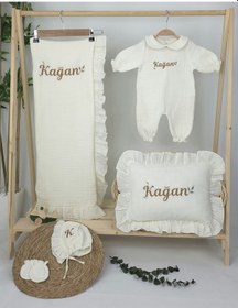 Resim Gros Shop Müslin Yeni Doğan 4katlı Organik %100pamuk Kişiye Özgü Nakışlı Hastane Çıkış Seti Yaprak Desen-2 Ekru-1 