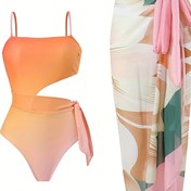 Resim [1 adet/set Kadın Gradient Baskılı Mayo] 1 adet/set Kadın Moda Mayo, Gradient Baskılı Ayarlanabilir Askılı Üst Eşleşen Etek, Plaj Giyim, Havuz Başı Şıklığı, Örme Polyester, Çıkarılabilir Dolgu, Omuz Detayı 