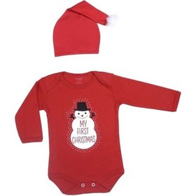 Resim Yılbaşı Noel Christmas Temalı Organik Bebek Body Şapka Takımı 6-9 Aylık Kırmızı 