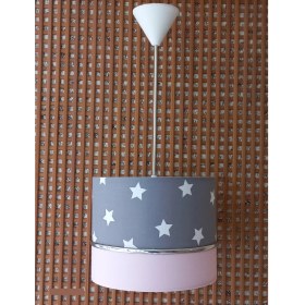 Resim Onay Gri Yıldızlı Pembe Elkamentli Kumaş Kaplama Çocuk Odası ve Bebek Odası Avize Aydınlatma Sarkıt 