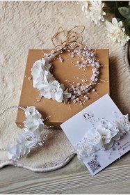 Resim çiğdem kaya design Anne abla bebek ortanca çicekli incili lohusa taç seti, babyshower 