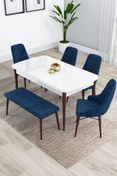 Resim Canisa Kar Serisi 80x132 Beyaz Masa Ceviz Ayaklı Mutfak Masası Takımı 4 Lacivert Sandalye 1 Bench 