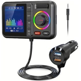 Resim Elmpaly Black Kablosuz Fm Verici Büyük Renkli Ekran 2.4a Qc3.0 Çift Usb Hızlı Şarj Aux Mp3 Çalar Bas Artırıcı Usb Tf Kart 