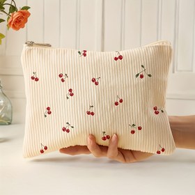 Resim Küçük Kırmızı Kiraz Desenli Makyaj Çantası - Güvenli Fermuarlı Premium Kumaş Kozmetik Organizatörü, Seyahat için Hafif Taşınabilir Tuvalet Çantası, Günlük Kullanım ve Yolculukta Gereçler İçin 