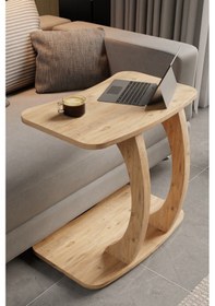 Resim Atlantik Çam Dikdörtgen C Model Yan Sehpa Modern Koltuk Tekerlekli Yan Laptop Masası Kahverengi 