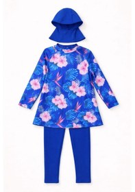 Resim Alkın Kids 7-16 Yaş Kız Çocuk Çiçekli Tesettürlü Mayo Seti Üst-tayt-bone Saks Mavi 