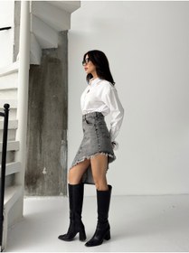 Resim KENE JEANS KADIN ETEK PÜSKÜLLÜ ASİMETRİK KOT ETEK 