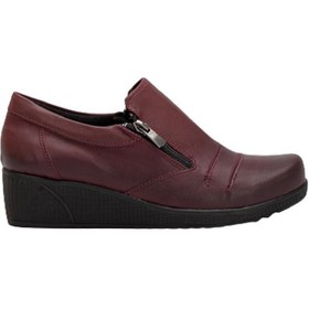Resim Fermuarlı Cilt Bordo Kadın Günlük Dolgu Taban Ayakkabı-2209-Bordo 