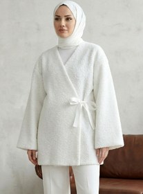 Resim MODAQU Yandan Bağlamalı Buklet Kumaş Kimono - Beyaz 