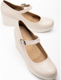 Resim Baretli Suni Deri Bej Rugan Kadın Dolgu Taban Ayakkabı-3808 Bej 