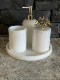 Resim Beyaz Mermer 4'lü Banyo Seti Özel Ölçü Dar Alanlar Için Beyaz 