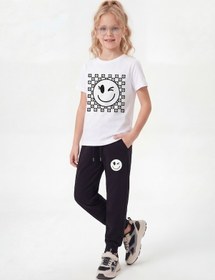 Resim Panios Kids Yuvarlak Yaka Tişörtlü Uzun Eşofman Altlı Baskı Detaylı Kız Çocuk Alt Üst Takım Beyaz 