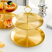 Resim Altın Paslanmaz Çelik 2 Katlı Cupcake Standı - Şık Cilalı Metal Tatlı Sergileme Kulesi, Noel, Düğünler, Partiler, Cadılar Bayramı, Şükran Günü, Paskalya İçin - Yemek Temassız Dekoratif Servis Tepsisi, İki Katmanlı Tasarım, Yiyecek Güvenli Yapım 
