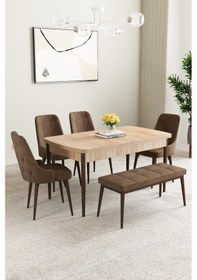 Resim Mabel Meşe Desen 80x132 Açılabilir Yemek Odası Takımı 4 Sandalye, 1 Bench Kahverengi 
