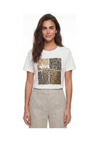 Resim Onloox Kadın Beyaz Beyaz Pamuklu Bisiklet Yaka Rahat Kalıp Taş İşlemeli Leopar Baskılı Kısa Kollu T-shirt 