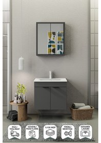 Resim Biani Fix Loft 65 Cm Banyo Dolabı,Seramik Lavabolu, Aynalı,Lavabo Dahil,Mdf,Mat Gri 