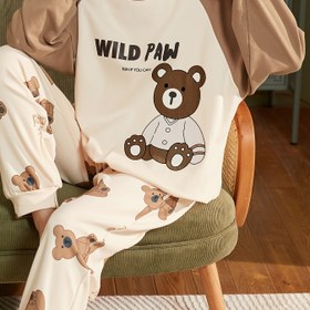 Resim Kadınlar için Karikatür Harf Baskılı Pijama Sonbahar ve Kış Sezonu Yuvarlak Yaka Uzun Kollu Pantolonlu Rahat İki Parçalı Ev Giyimi 