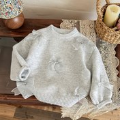 Resim Kız Çocuk Şık Kore Tarzı Kazak - Yumuşak Esnek Uzun Kollu Yuvarlak Yaka, Fiyonk Detaylı Üst, İlkbahar/Sonbahar İçin Mükemmel, Örme, Kız Çocuk Kazak, İlkbahar Sonbahar Giyim, Kore Modası, Orta Esneklikte Kumaş 