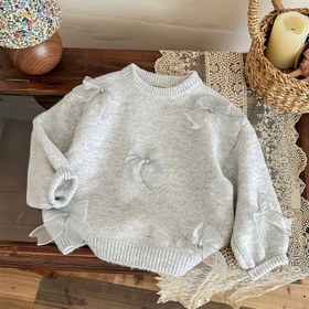 Resim Kız Çocuk Şık Kore Tarzı Kazak - Yumuşak Esnek Uzun Kollu Yuvarlak Yaka, Fiyonk Detaylı Üst, İlkbahar/Sonbahar İçin Mükemmel, Örme, Kız Çocuk Kazak, İlkbahar Sonbahar Giyim, Kore Modası, Orta Esneklikte Kumaş 