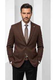 Resim Plus Scorpion Erkek Slim Fit Çift Düğme Çift Yırtmaçlı Blazer Ceket Premium Dokulu Kumaş Kahverengi 