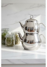 Resim Jumbo Boy Aile Çaydanlık Takımı Paslanmaz Çelik, Parlak Yüzeyli, Isıya Dayanıklı Ergonomik Saplı Gümüş 
