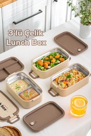 Resim Porsima Paslanmaz Çelik 3 Katlı 4 Bölmeli Yemek Termosu Beslenme Kutusu Taşınabilir Lunch Box Sefer Tası 