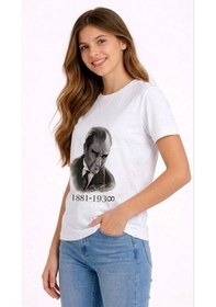 Resim Barlashive Kız Çocuk Atatürk Baskılı Tişört Kısa Kollu Bisiklet Yaka T-shirt - Beyaz Çok Renkli 