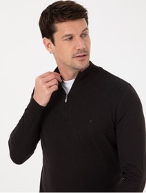 Resim Cacharel Siyah Slim Fit Pamuk Karışımlı Yarım Fermuarlı Dik Yaka Triko Kazak 