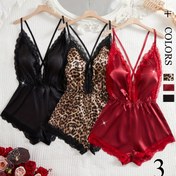 Resim 3 adet Düz Renk Leopar Desenli Kadın Pijama Seti, Derin V-Yaka ve Çapraz Tasarım, Bahar, Yaz ve Sonbahar için Sırtı Açık Uyku Giyimi. 