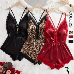 Resim 3 adet Düz Renk Leopar Desenli Kadın Pijama Seti, Derin V-Yaka ve Çapraz Tasarım, Bahar, Yaz ve Sonbahar için Sırtı Açık Uyku Giyimi. 