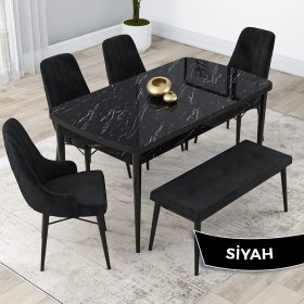 Resim Canisa Concept Kar Serisi, Mdf 80X132 Açılabilir Masa Takımı, Siyah Mermer Desen Masa, 4 Sandalye 1 Bench 