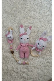 Resim El Emeği Sevimlikız tavşan 3lü amigurumi yeni doğan set uyku ve oyun arkadaşı 