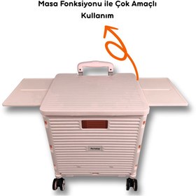 Resim Portakap 4 Tekerlekli, 55 Litre Pembe Katlanır Alışveriş Arabası - Pazar Arabası - Hareketli Tutacaklı 