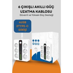 Resim Pro P11 6x Priz 3000W Termal Akım Korumalı 4x USB 2x Type-C Girişli Çoklu Priz 