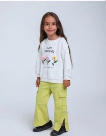 Resim Kız Çocuk Örgü Çiçek Desenli Sweatshirt-14297 Beyaz 