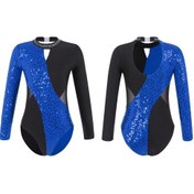 Resim Kraliyet Mavisi Kızlar Parlak Uzun Kollu Mock Boyun Jimnastik Bale Dans Leotard Tulum Buz Pateni Bodysuit Giyim Mavi 