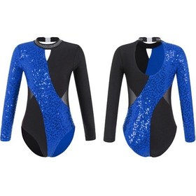Resim Kraliyet Mavisi Kızlar Parlak Uzun Kollu Mock Boyun Jimnastik Bale Dans Leotard Tulum Buz Pateni Bodysuit Giyim Mavi 