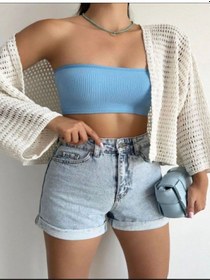 Resim Kadın Mavi Duble Paça Kot Şort - Mavi Kar Yıkama Şort Kıvrık Paça 