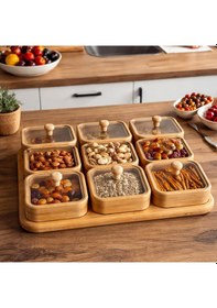 Resim Porsima Pbt-692 Bambu Ahşap 6lı Kapaklı Kahvaltılık Ve Çerezlik Seti - Tepsili Sunumluk Ahşap 